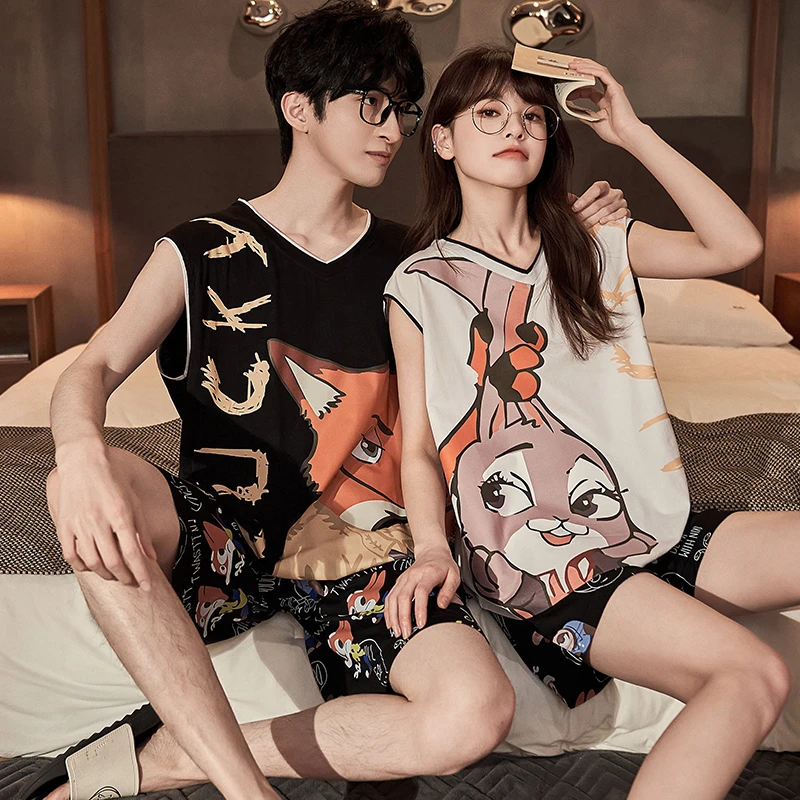 莫代尔情侣装睡衣女可爱背心夏季薄款卡通男士冰丝无袖夏天家居服