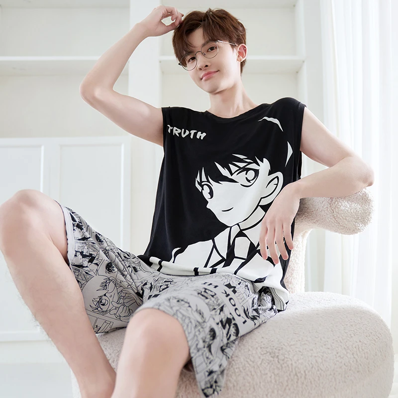 凉感型睡衣男士夏季莫代尔背心无袖短裤青少年动漫家居服薄款夏天