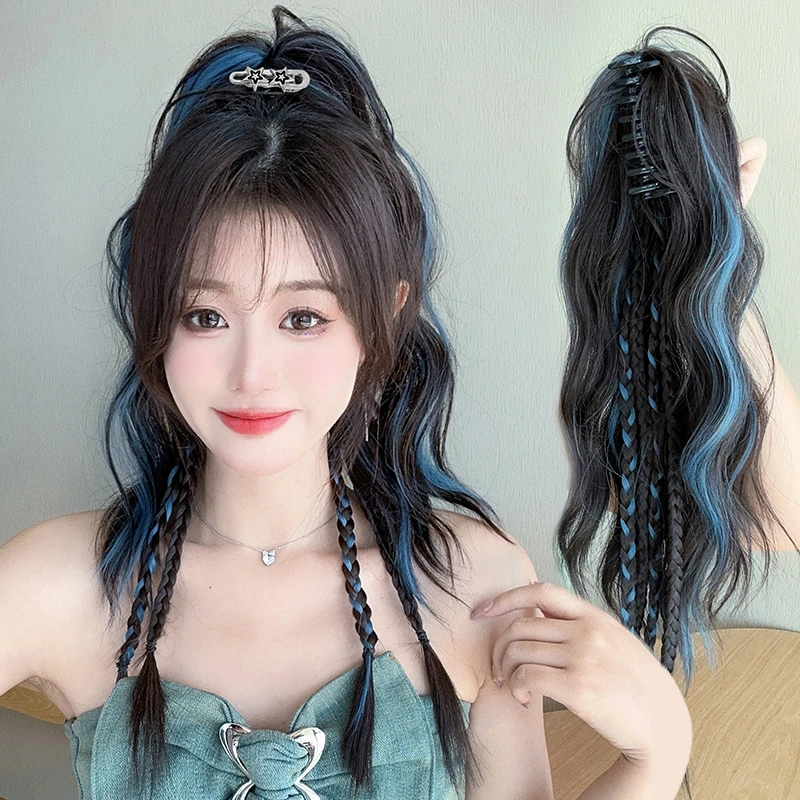 假发辫子女抓夹喷泉高马尾彩色挑染拳击辫仿真半扎辣妹麻花辫假发