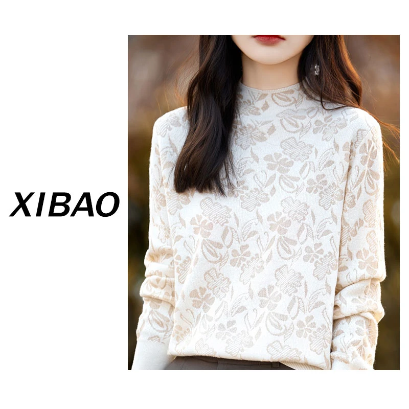 【精纺羊毛】金银亮丝欧根半高领长袖时尚提花绵羊毛针织衫ZM063