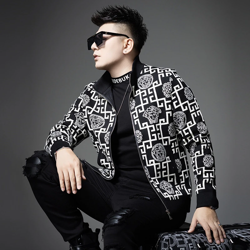 欧洲站高端针织夹克立领短款外套2024秋冬季潮牌满花复古休闲男装