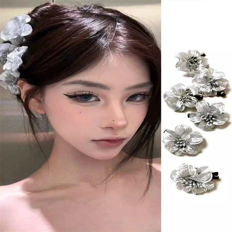 博主同款高级感银色花朵发饰头花发卡侧边夹丸子头上花花发夹头饰