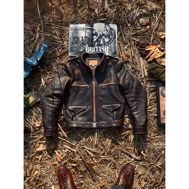 刺度复古重磅哈特曼飞行夹克男士牛皮真皮外套机车休闲夹克翻领