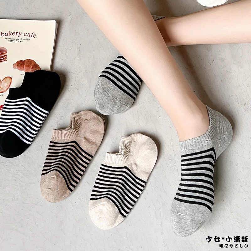 条纹袜子女短袜夏季薄款纯棉透气黑白ins潮日系低帮浅口隐形船袜