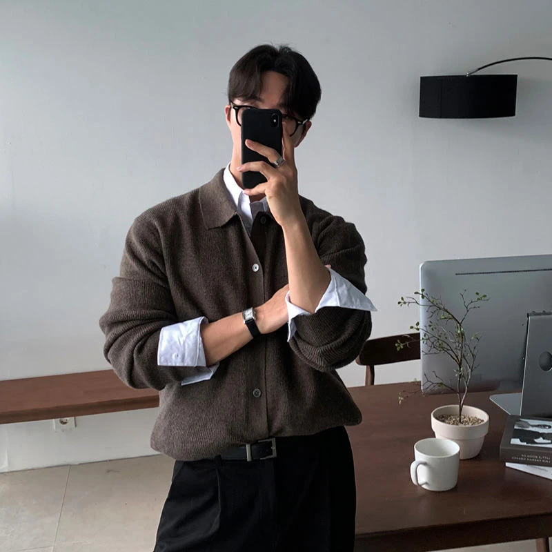 秋冬棕色翻领长袖针织衫毛衣开衫外套男士宽松韩版韩国东大门男装