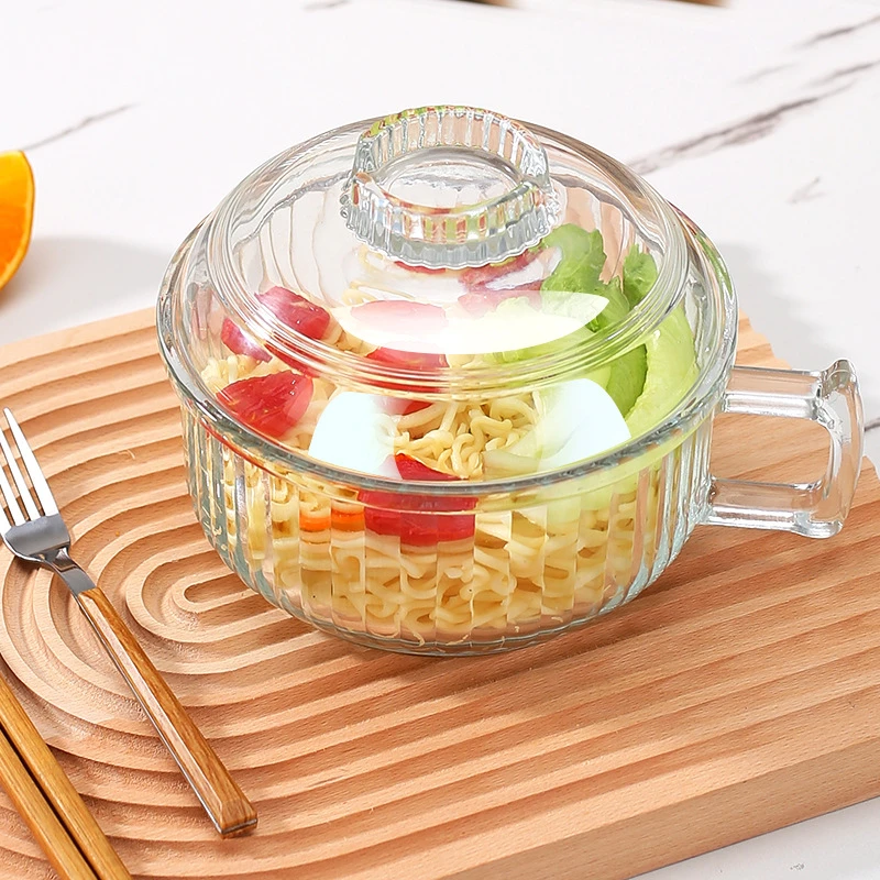 泡面玻璃碗带把手防烫家用微波炉耐高温带盖大容量透明专用泡面碗
