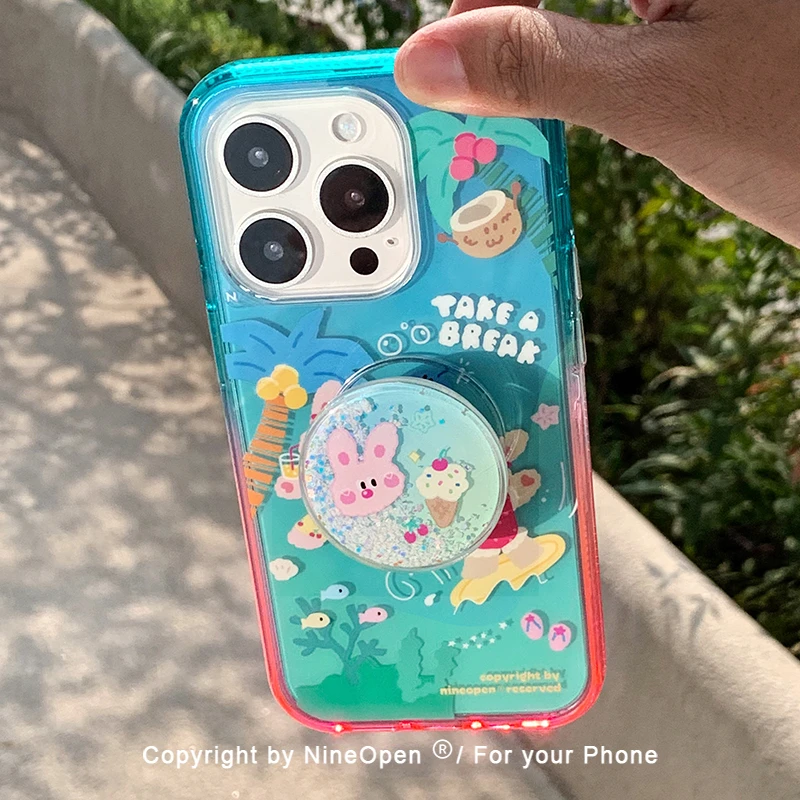 九点半流沙支架冲浪兔渐变适用苹果15pro手机壳iphone13/14手机套