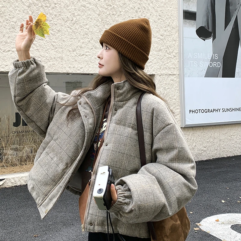 格子毛呢短款羽绒服女冬季2024新款小个子超好看独特流行设计感