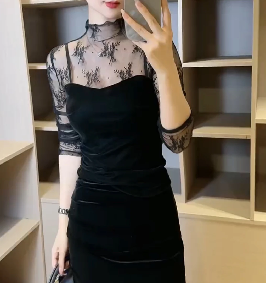 小心机微透蕾丝拼接长袖打底衫【好物推荐】