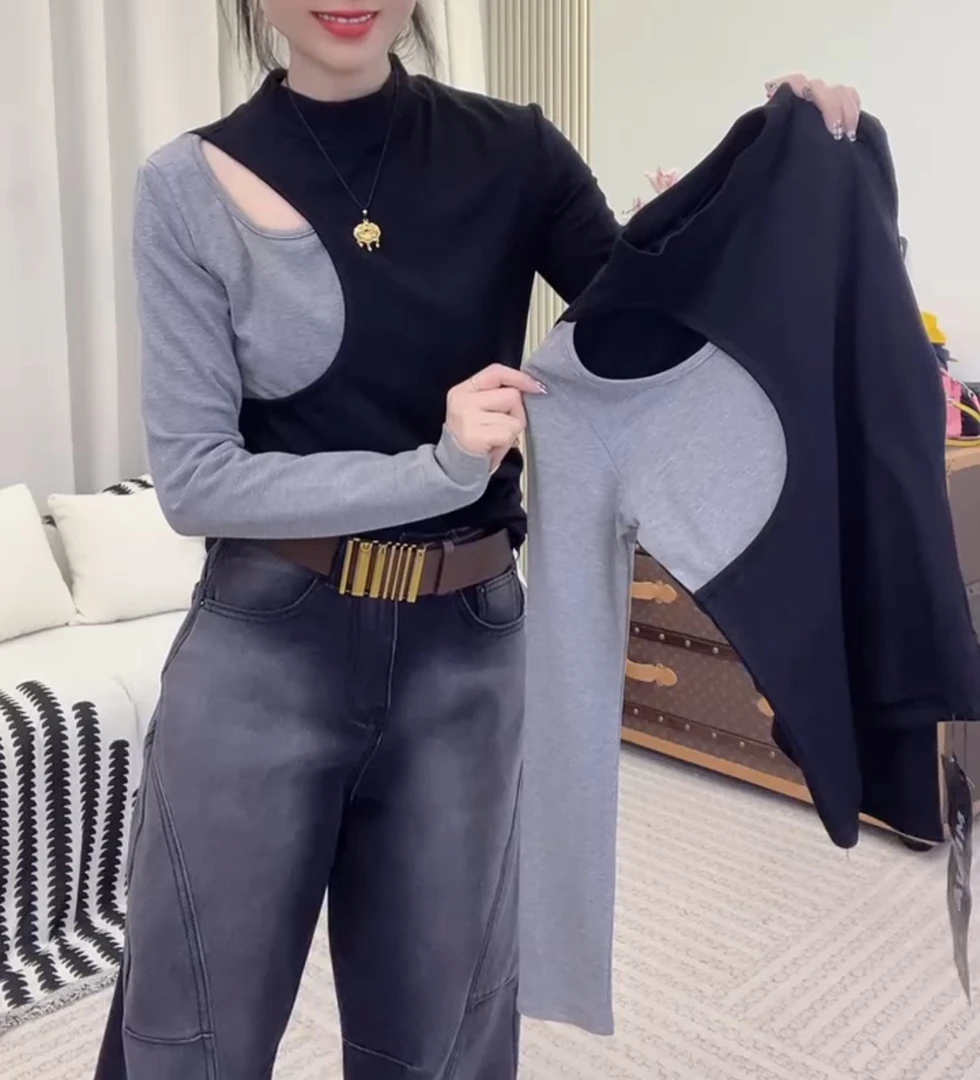 洋气减龄黑灰拼接长袖打底衫【实物微色差】