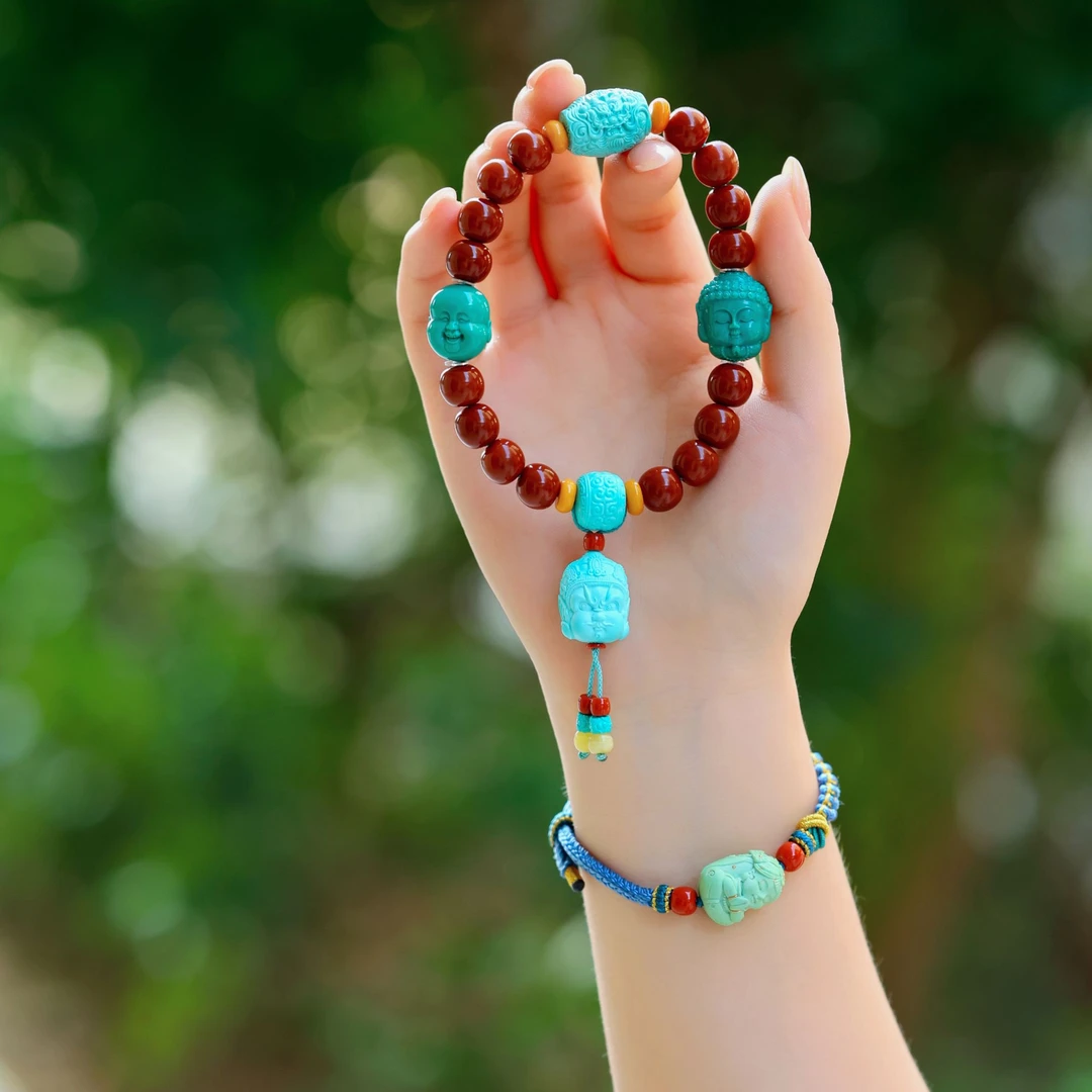 【佳音】湖北天然原矿绿松石客户搭配单圈手串仅供欣赏（已结缘）