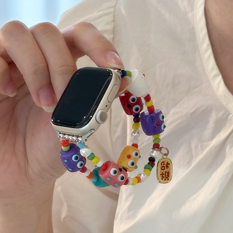 适用applewatch手表苹果S8多巴胺小怪兽表带iwatchS7可爱S9夏表链