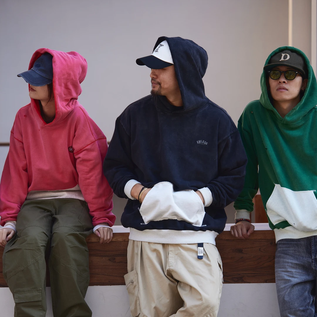 EMLESS23水洗磨毛破坏复古三色印花拼色连帽卫衣美系百搭帽衫男女