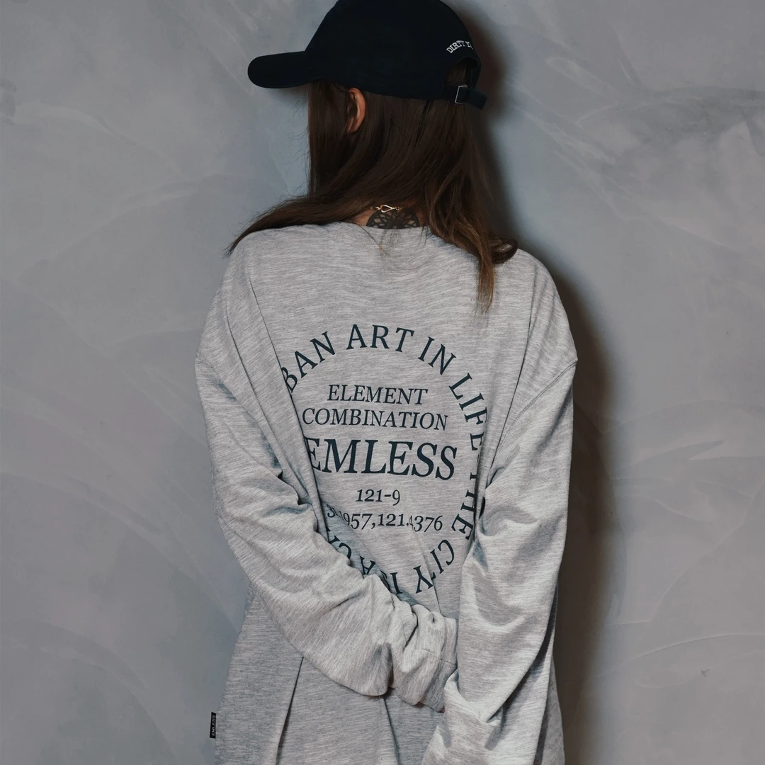 EMLESS 24自主研发微竹节棉标语印花长袖T恤纯色秋冬打底国潮休闲