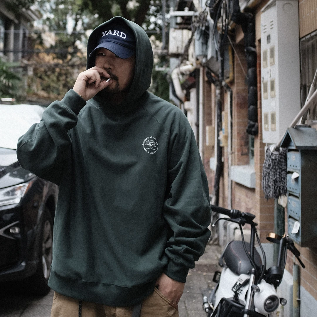 EMLESS24 秋冬立体3D剪裁重磅连帽印花卫衣廓形宽松日系复古帽衫