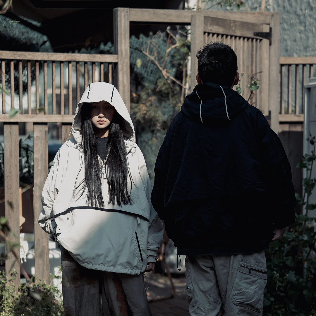 EMLESS24特氟龙三防都市通勤冲锋衣套头连帽熊猫拼接配色日系工装