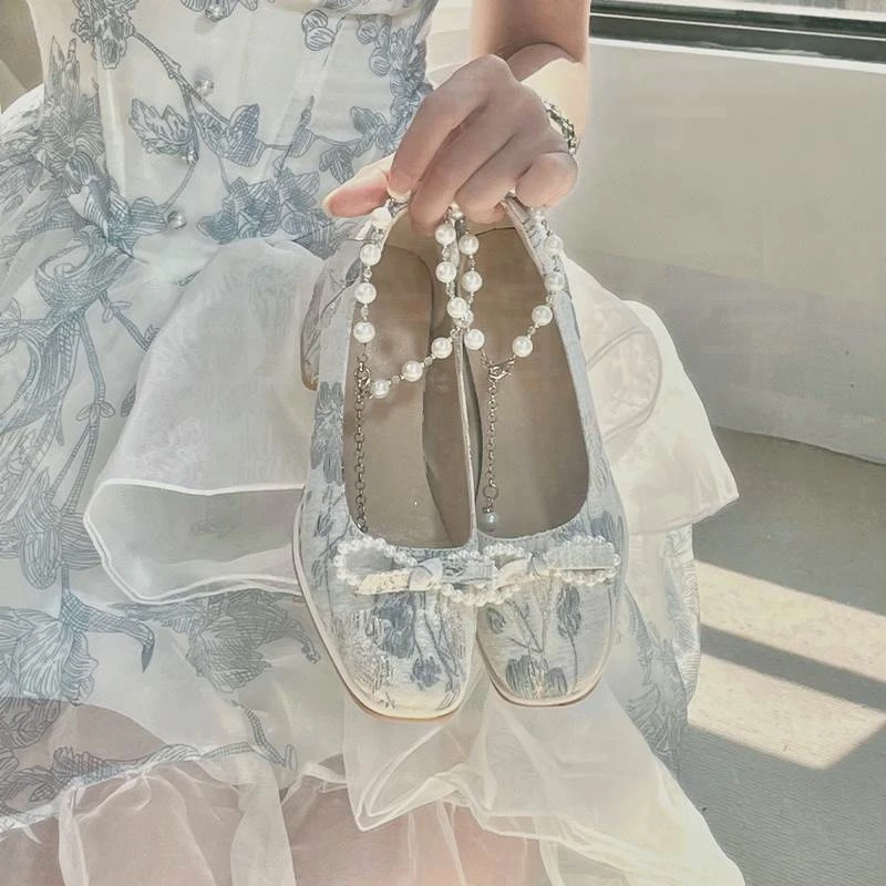 新中式玛丽珍女鞋一字带珍珠蝴蝶结旗袍鞋复古百春季高跟玛丽珍鞋