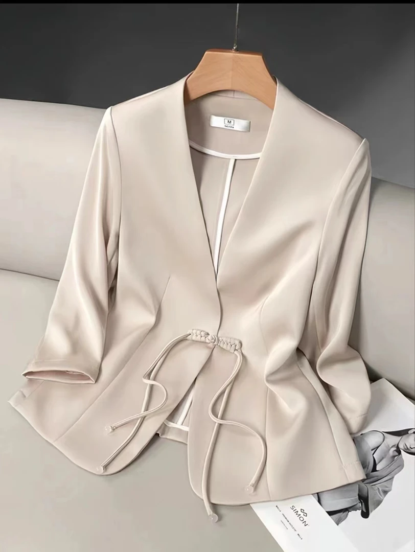 【宠粉专属】时尚百搭七分袖V领小西装短外套女装国风一粒盘扣西服