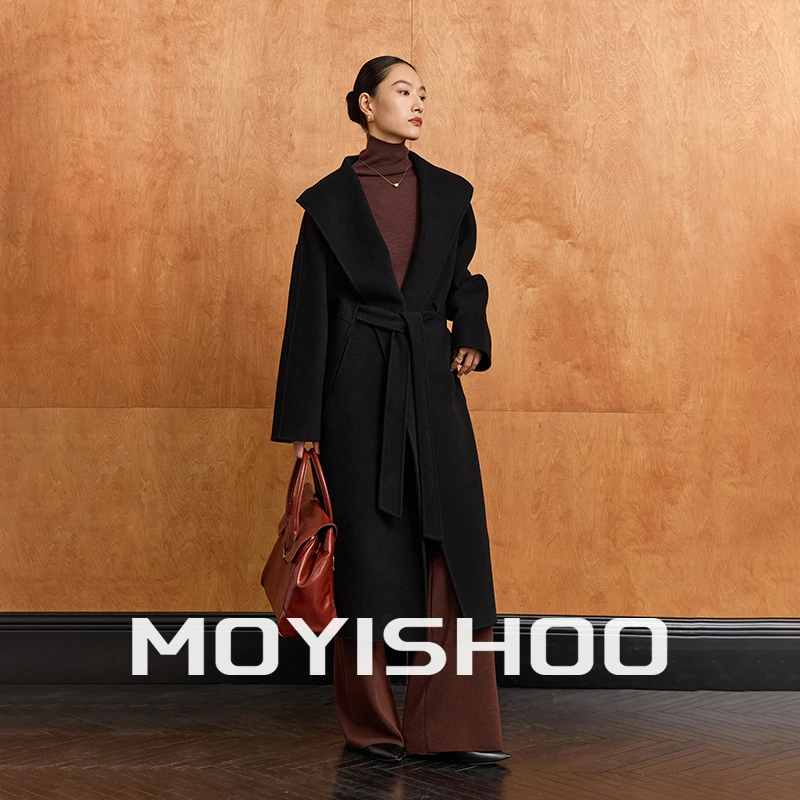 橡木苔羊绒大衣简约大翻领毛呢外套女高级轻奢双面呢中长款外套