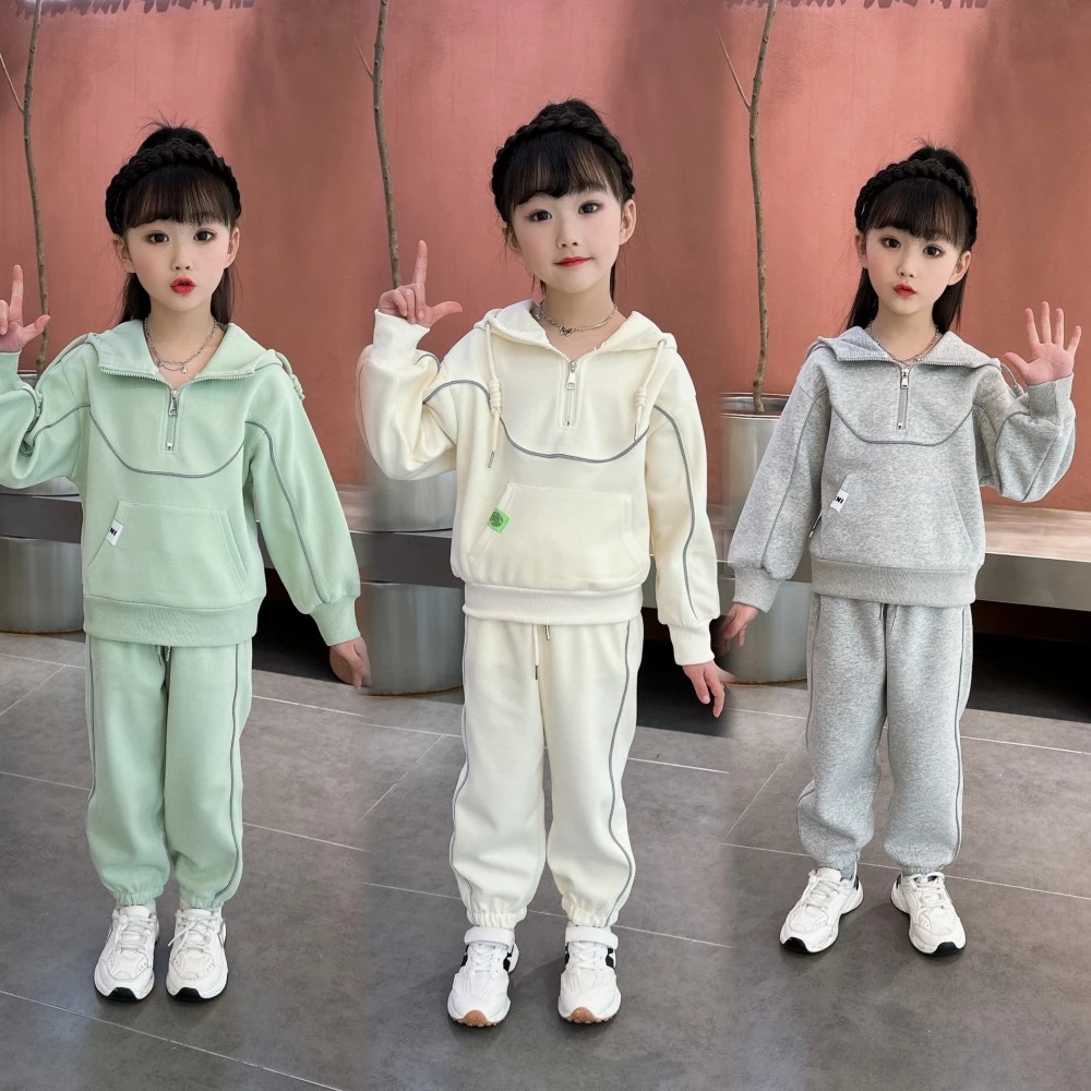 女童秋新款中大童韩版洋气纯色运动半拉链卫衣休闲套装