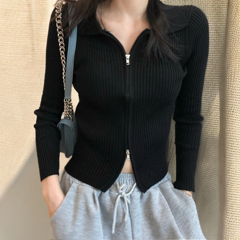 真真专属polo领针织开衫女薄款早秋新款洋气显瘦短款双头拉链长袖