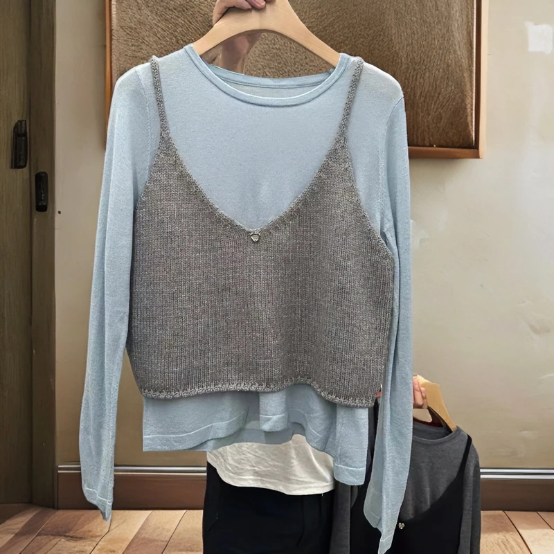 圆领纯色打底小衫背心马甲叠穿两件套2025春秋新针织背心套装女潮