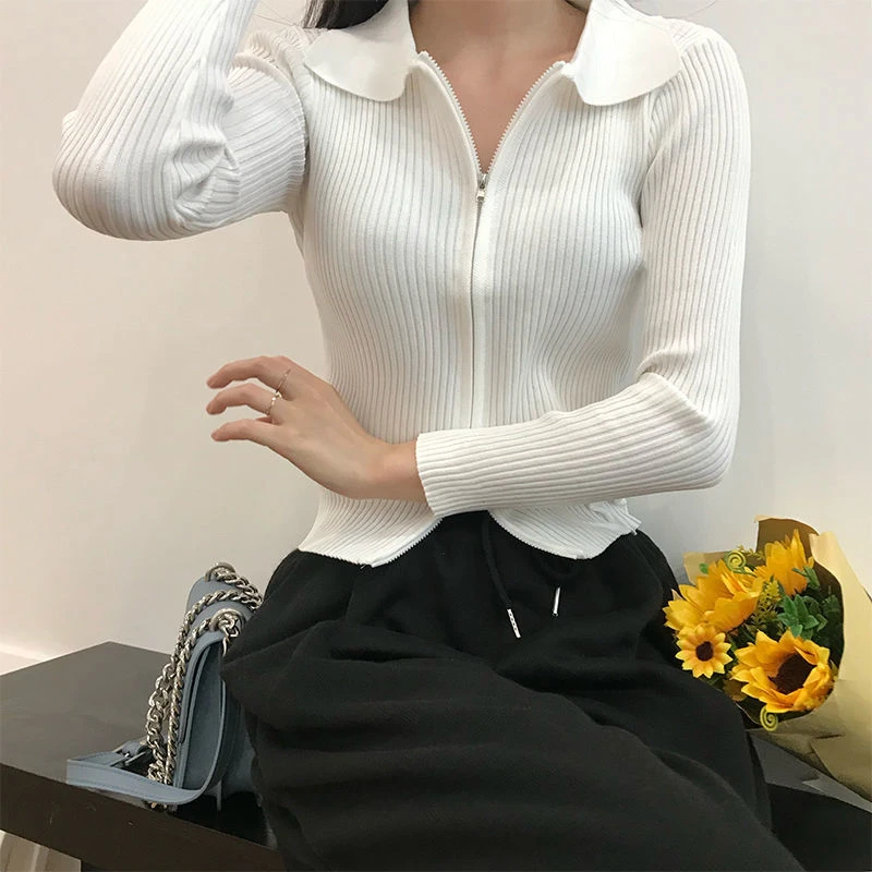 polo领针织开衫女薄款2025早秋新款洋气显瘦短款双头拉链长袖上衣