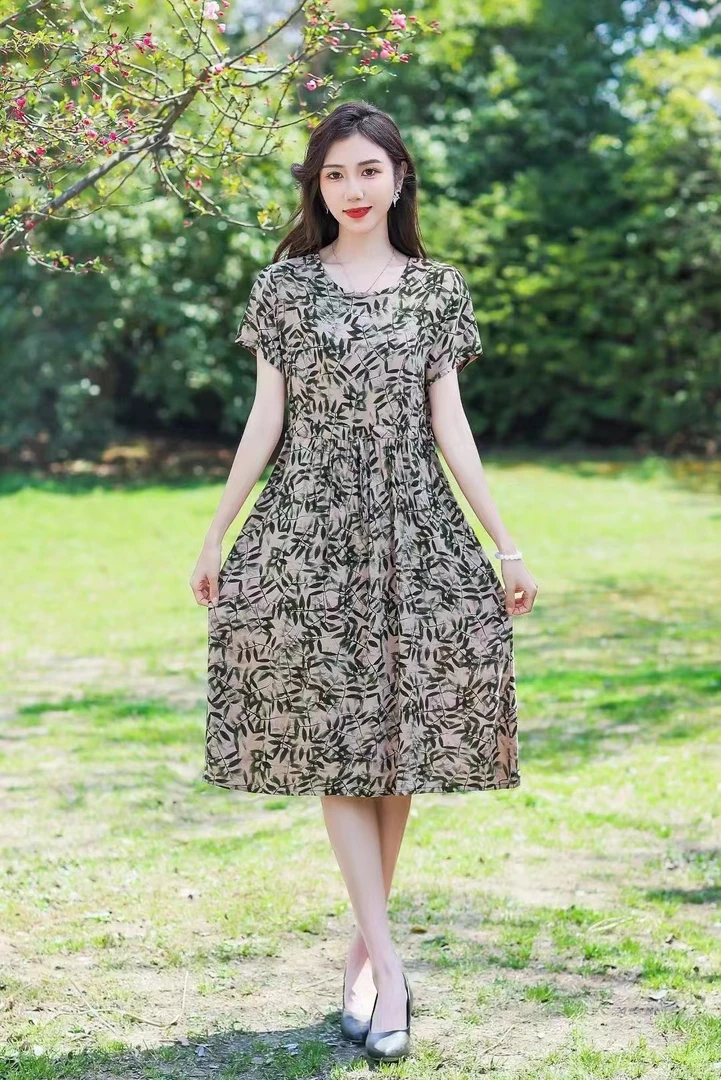 棉绸女装连衣裙短袖裙子显瘦大码妈妈装气质洋气中老年夏季