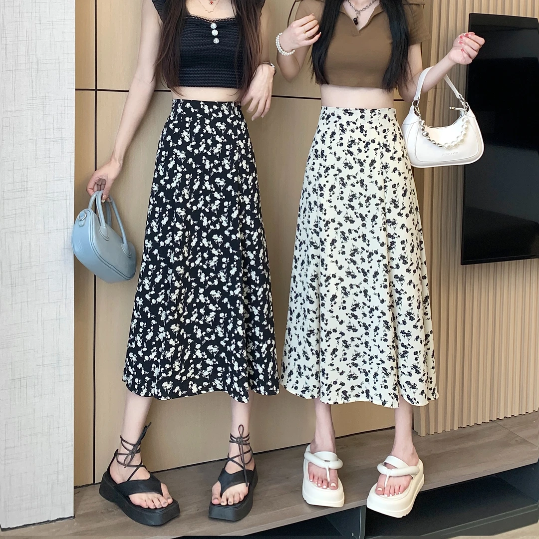 碎花拼接a字半身裙女夏季2025新款韩版高腰中长款百搭显瘦鱼尾裙