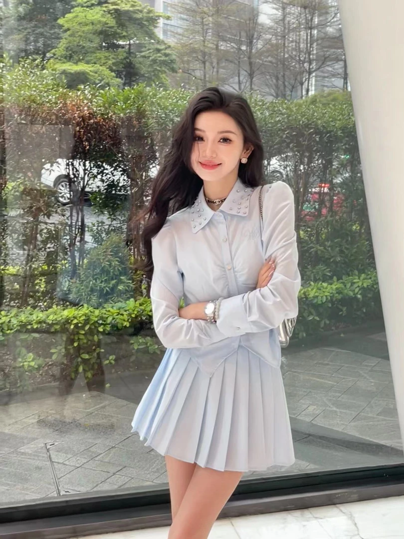 青!货一套【甜梦】法式高级感衣领镶钻气质显瘦百搭长袖女衬衫