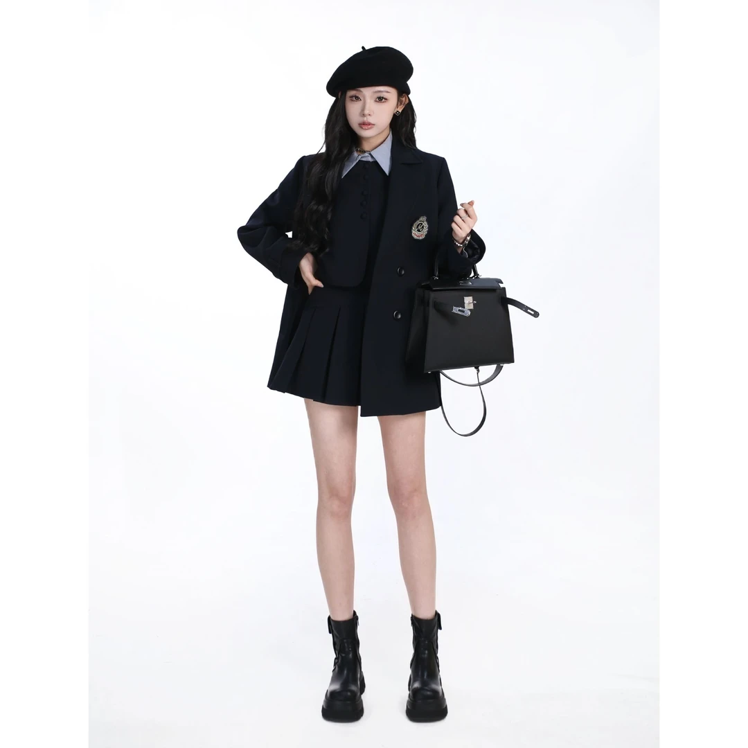 现货风衣【弥敦道】假两件拼接磨毛衬衣简约英伦学院风显瘦女套装