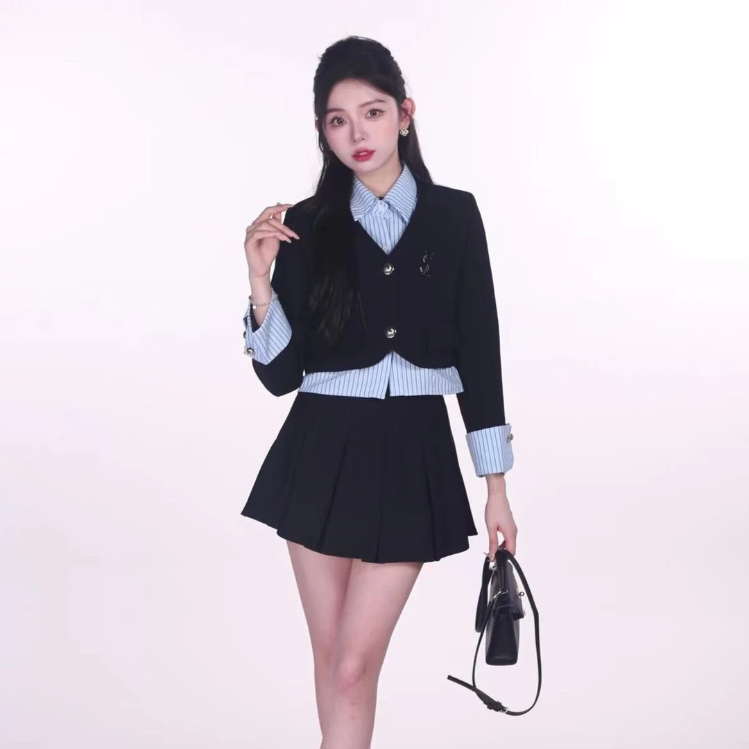 春装【不良校花】条纹拼接高级感收腰显瘦V领小香风女套装