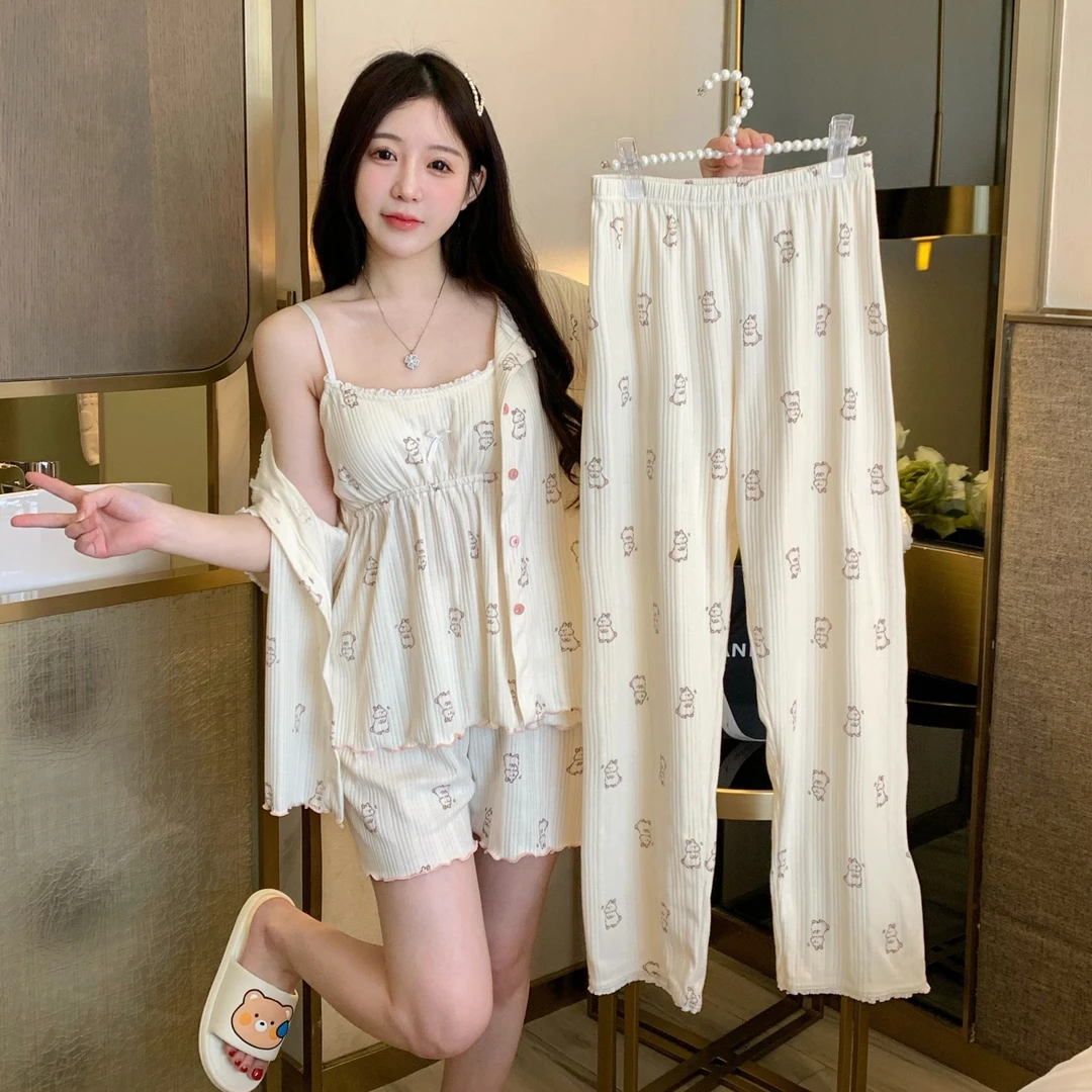 【DT】春夏款坑条甜美可爱休闲短袖四件套睡衣女家居服