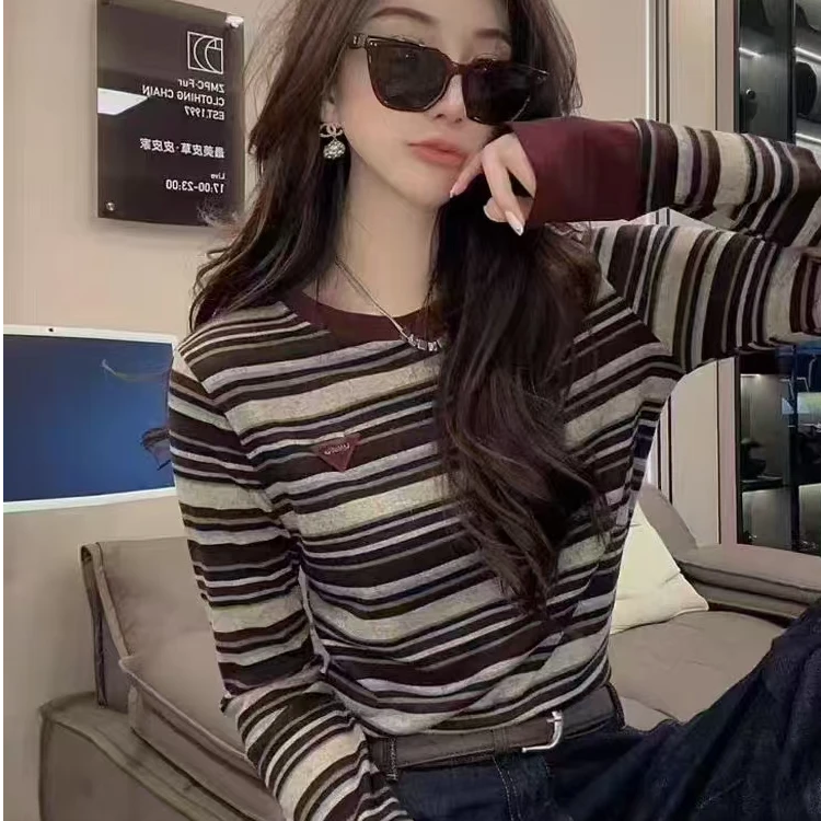 欧洲站圆领撞色长袖T恤女2024春秋新款宽松洋气设计感小众上衣潮