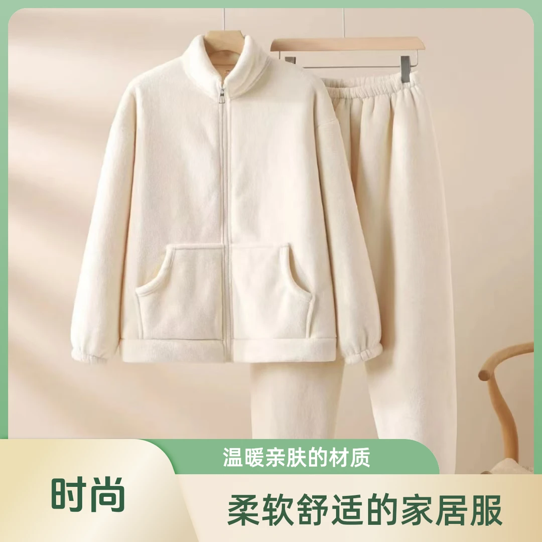 慵懒外穿双面摇粒绒保暖套装女冬韩版休闲宽松加厚卫衣卫裤两件套