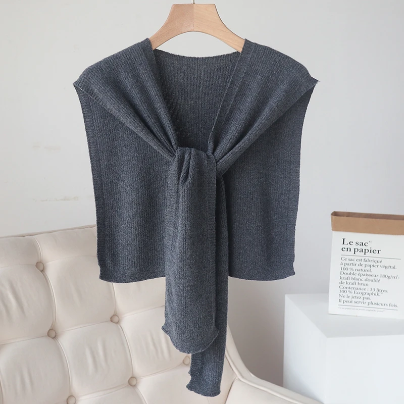 36支纯羊毛精纺竖条披肩围巾秋冬厚款保暖发热针织纯色百搭开衫女