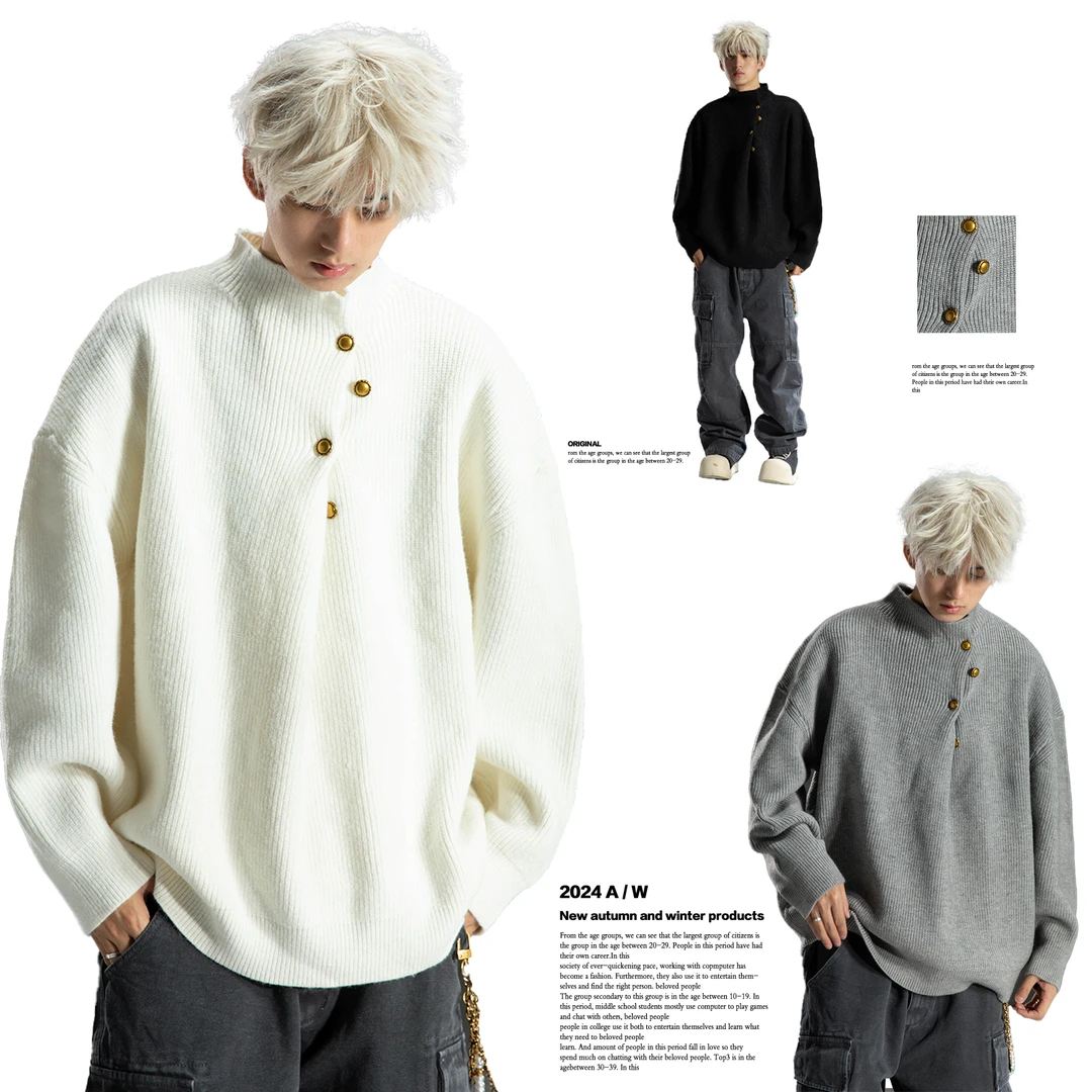 S123【侧扣设计】新中式毛衣男韩系慵懒风高不规则松弛感针织衫7039
