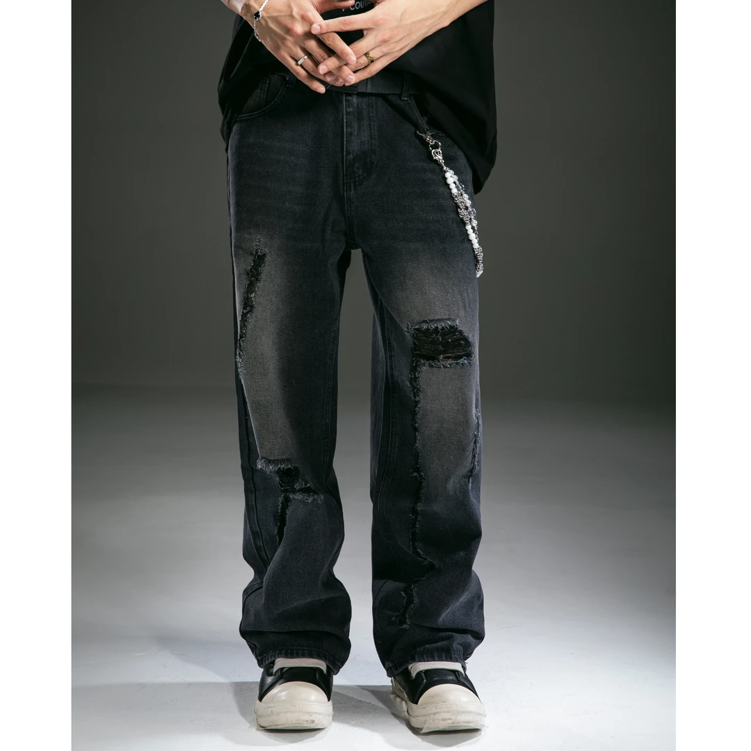 聪明陈 夏季新款嘻哈做旧破洞牛仔裤男潮流时尚休闲长裤40105