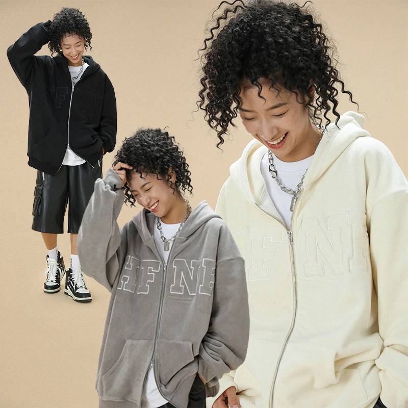 聪明陈 580克baby绒设计感摇粒绒开衫连帽卫衣秋冬外套60254