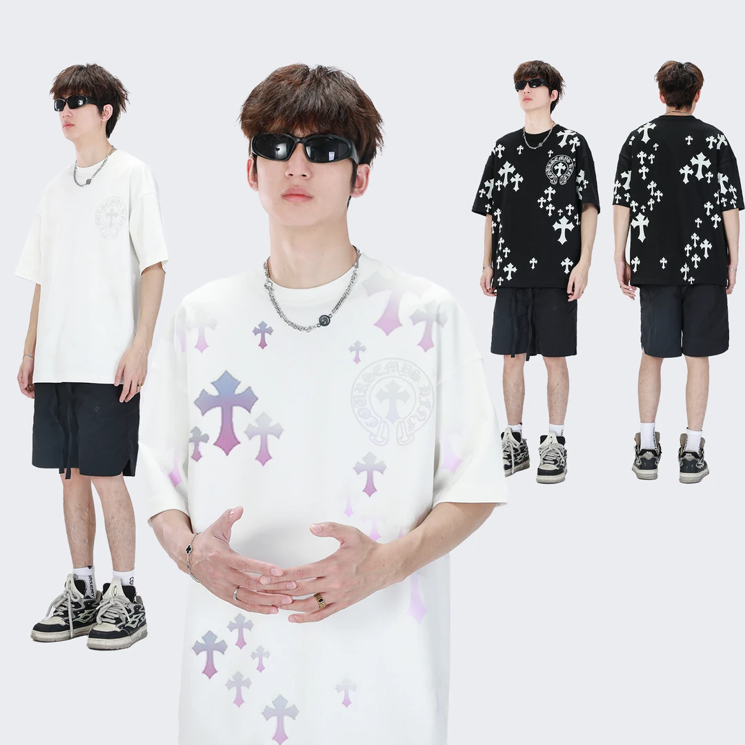 聪明陈320克冰川棉国潮哥特风光变字母圆领T恤休闲半袖11052