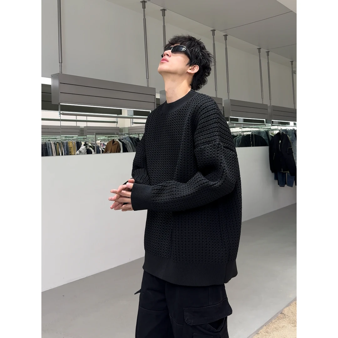 聪明陈 欧美潮牌冬季新款纯色针织衫套头宽松毛衣外套男70049