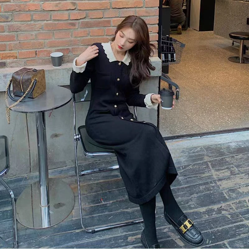 法式名媛黑色修身内搭打底毛衣针织连衣裙女秋冬配大衣长裙子