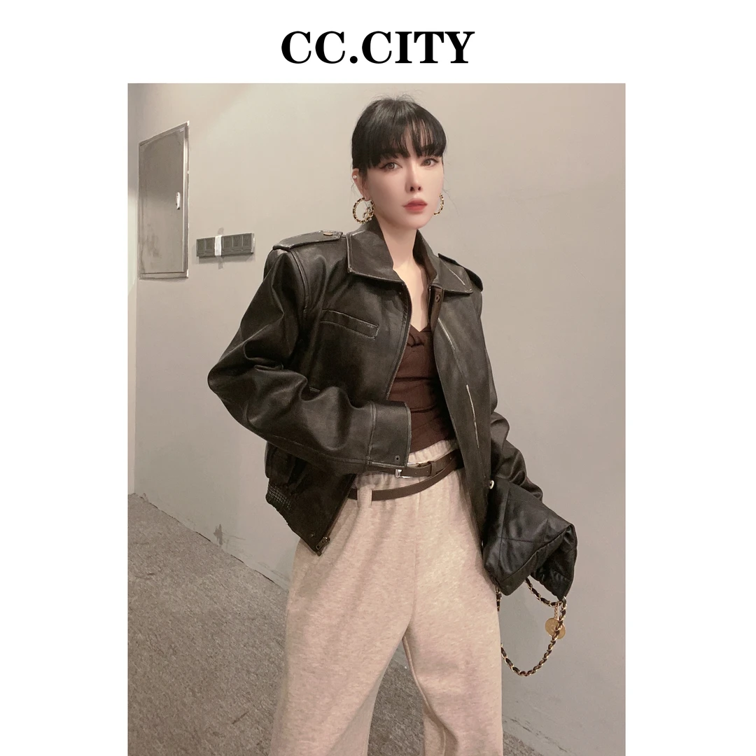 【蔡丽丽&CC.city】时尚做旧复古pu短款外套33673