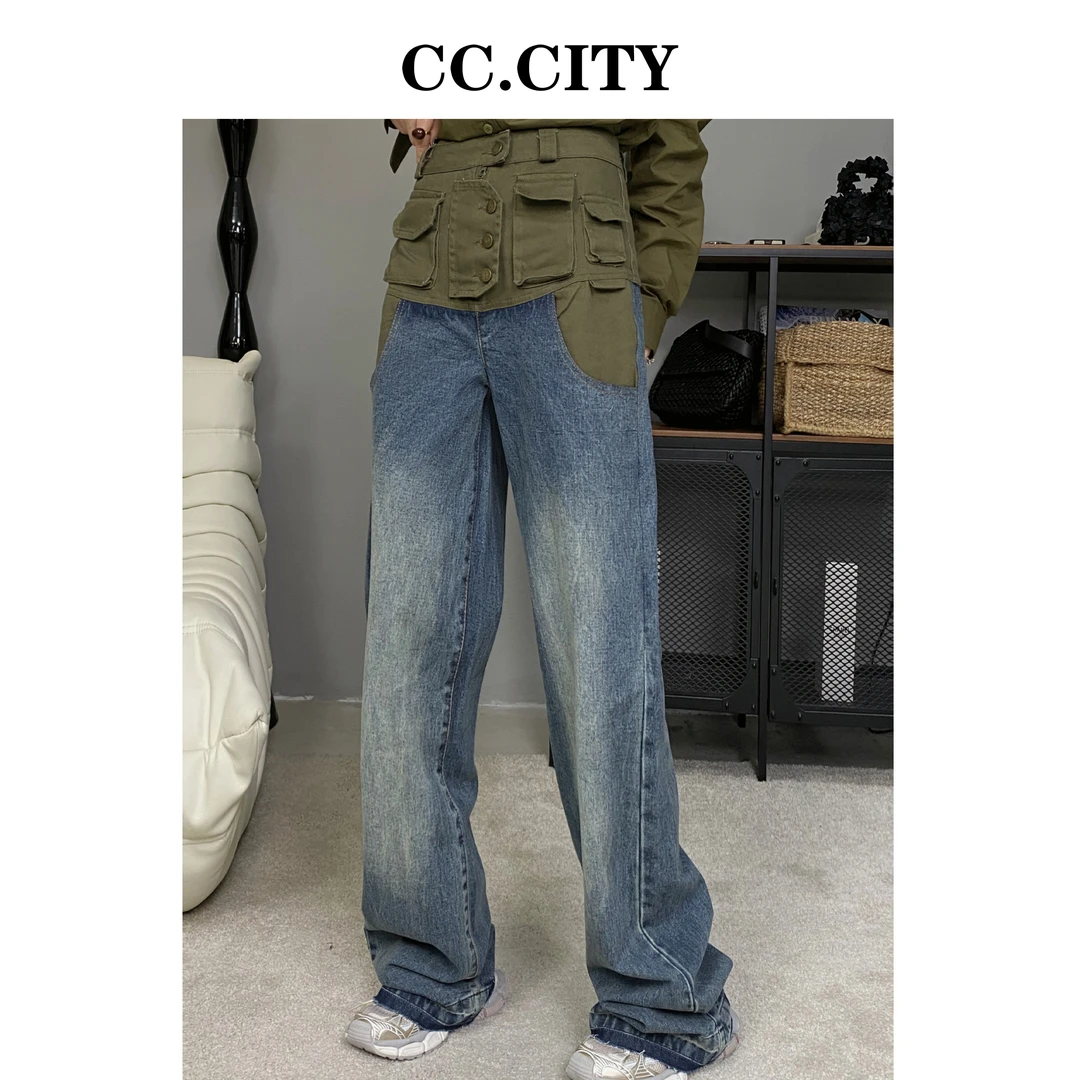 【蔡丽丽&CC.city】美式复古拼接多口袋工装牛仔裤33677