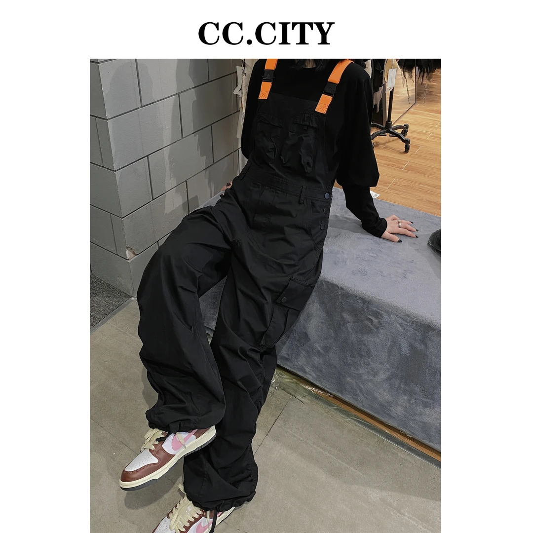 【蔡丽丽&CC.city】街头风日系拼接撞色阔腿休闲工装背带裤LX6035