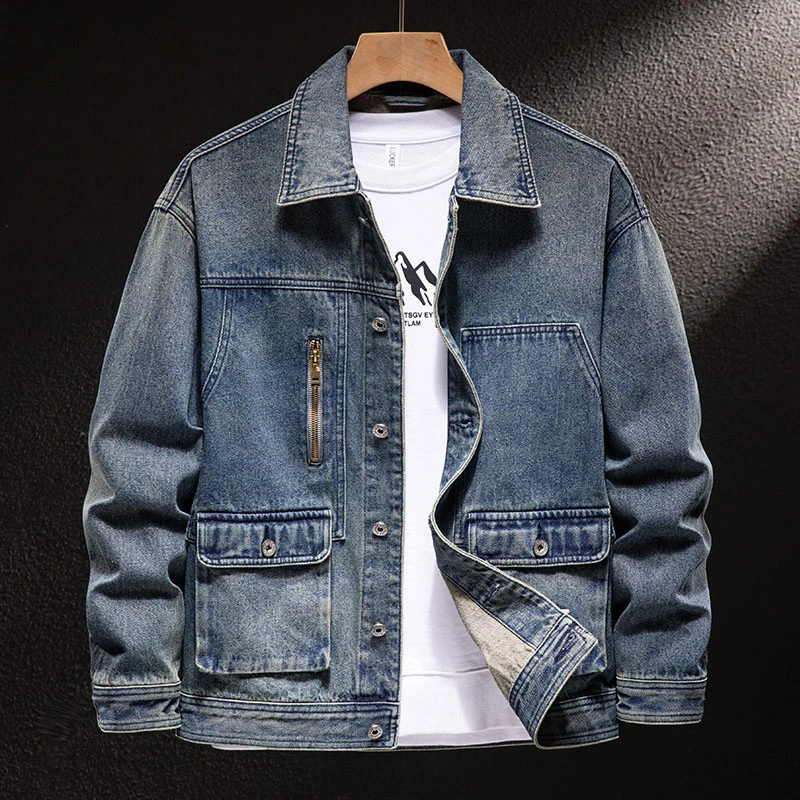 MR.MUDI/穆迪先生拉链机车牛仔外套男春秋新款工装大口袋水洗夹克