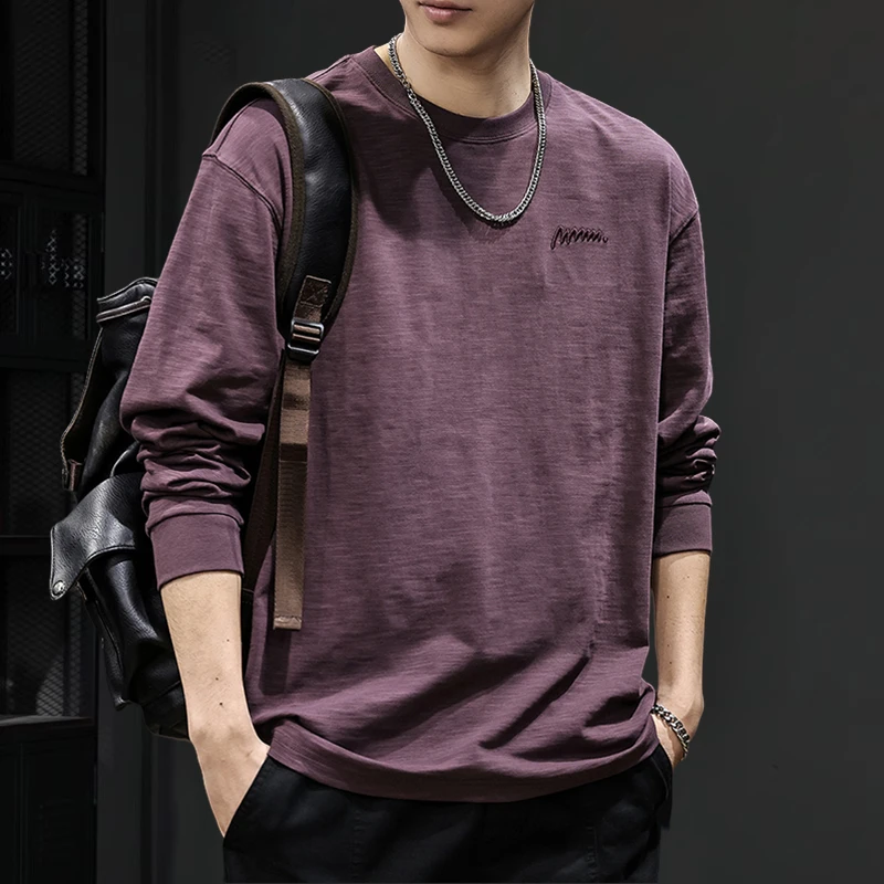 MR.MUDI/穆迪先生2025秋季新款竹节棉长袖刺绣t恤男纯色潮流宽松