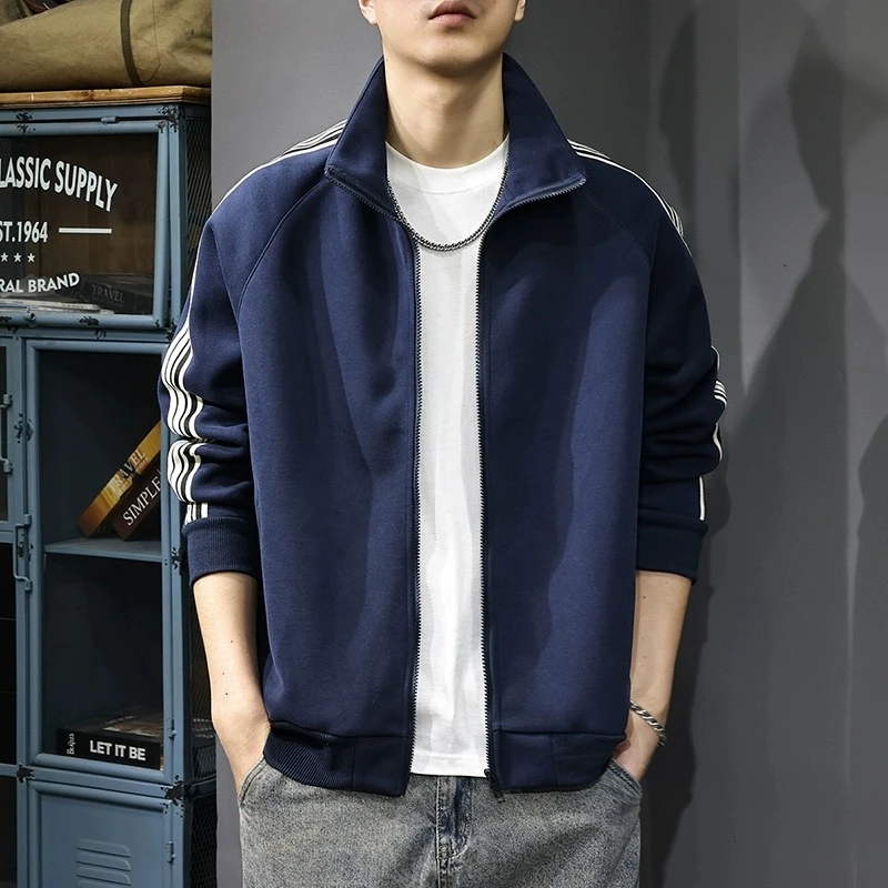 MR.MUDI/穆迪先生秋季美式立领开衫卫衣男宽松大码条纹运动外套