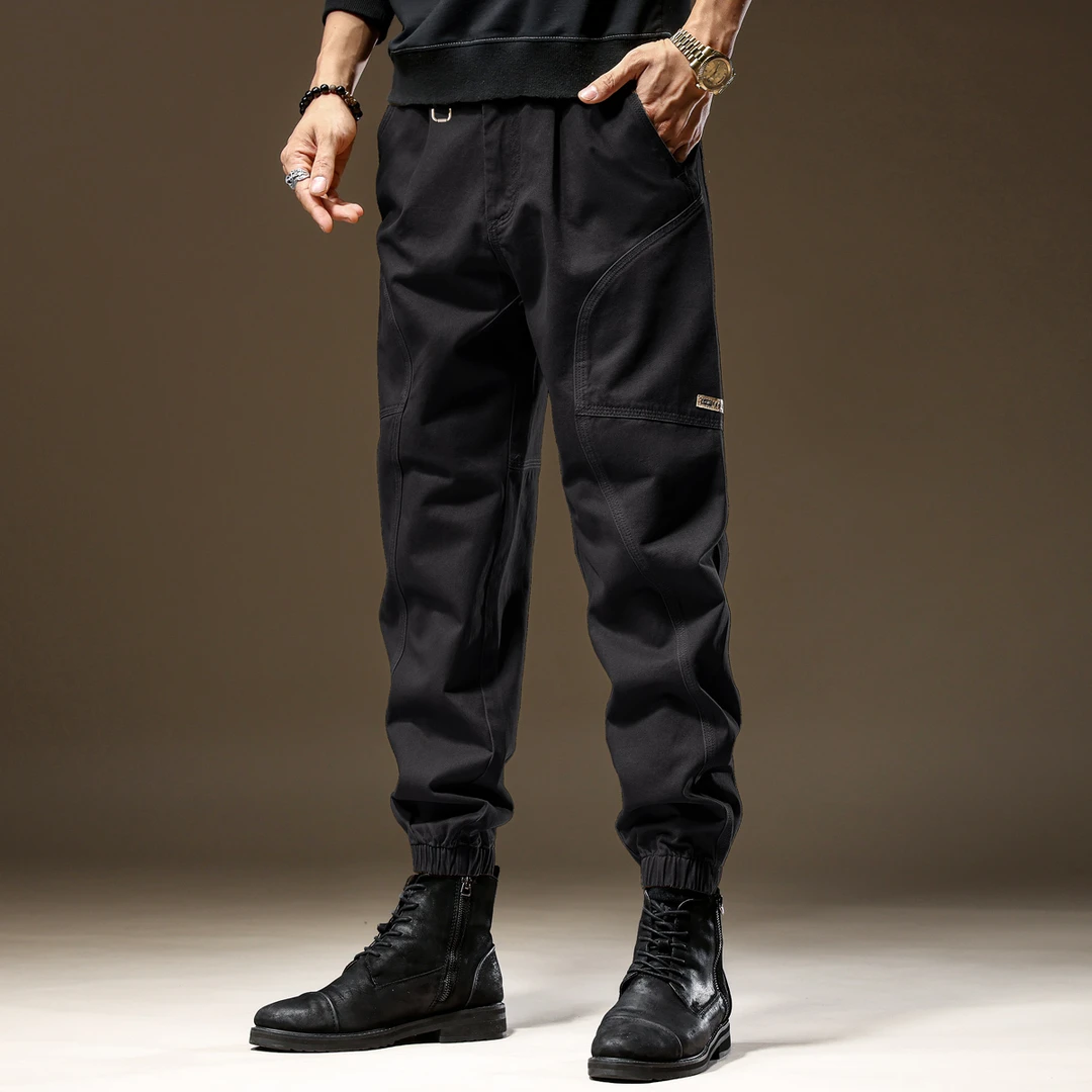 MR.MUDI/穆迪先生拼接工装裤男秋季宽松大码哈伦束脚灯笼休闲裤男