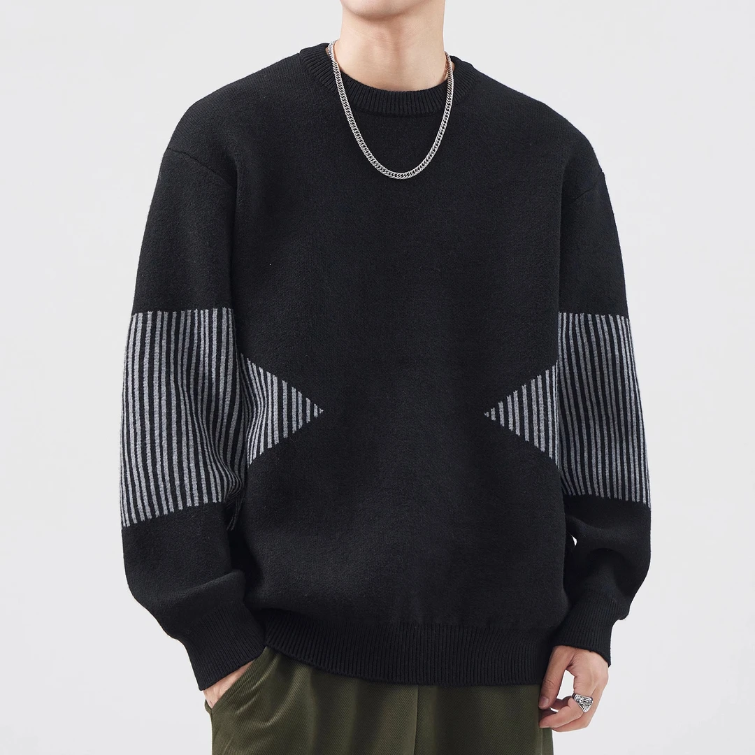 MR.MUDI/穆迪先生黑色毛衣男秋冬款慵懒风宽松套头圆领打底针织衫